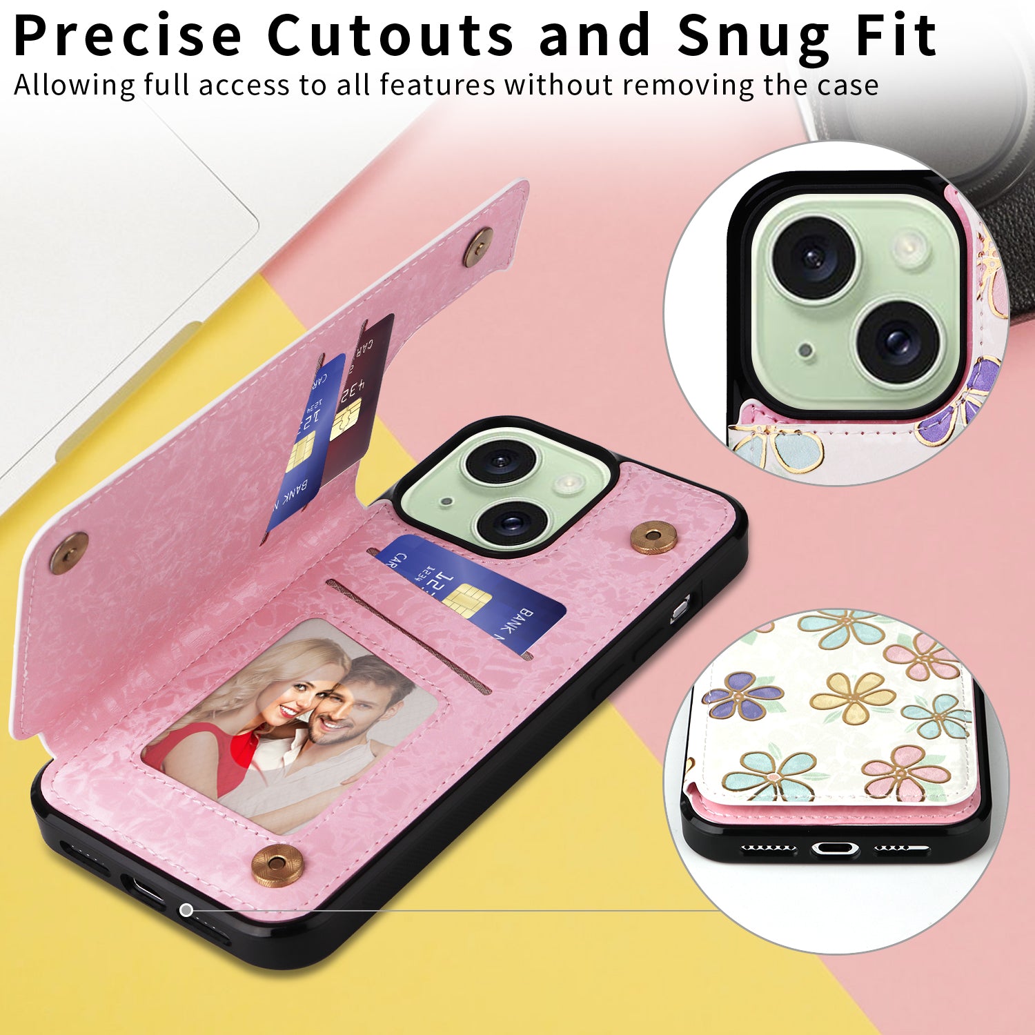 For iPhone 15 Plus Case Kickstand Flower Printed Shockproof Phone Case with Card Slot For iPhone 15 Plus Case Kickstand Flower Printed Shockproof Phone Case with Card Slot